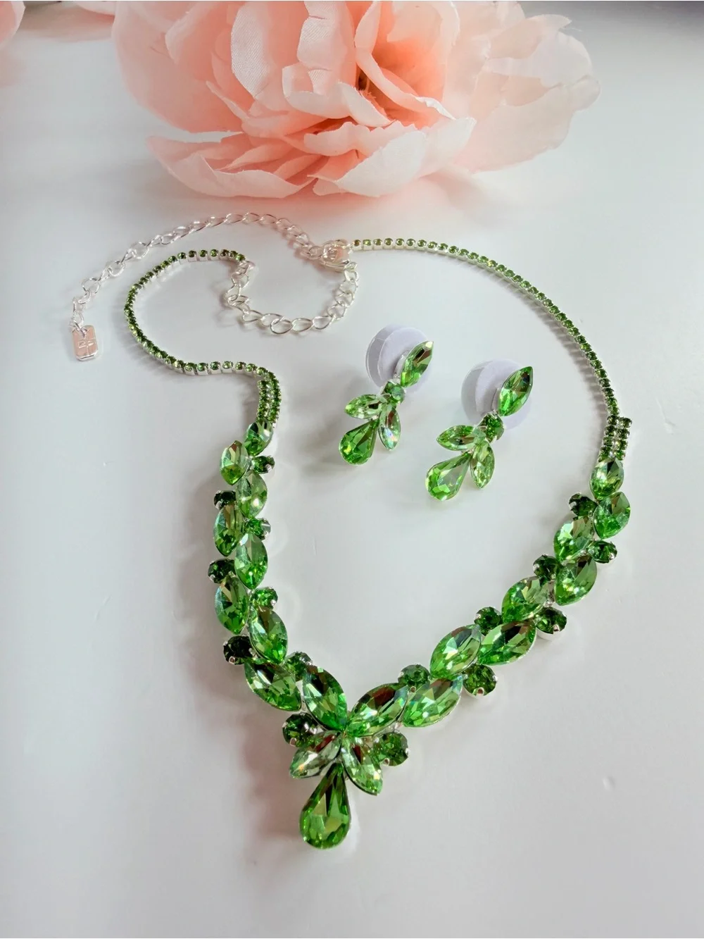 Green Crystal Teardrop Necklace and Earring Set